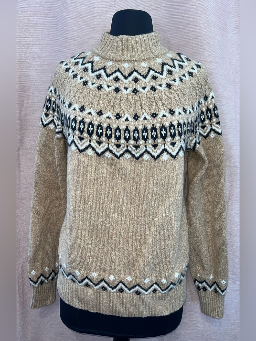 Lands' End Tan Fair Isle Turtleneck Sweater